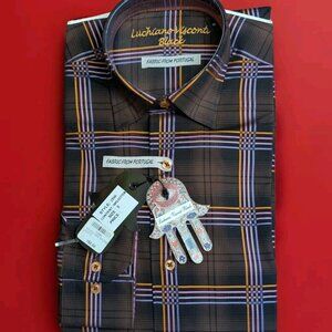 NWT $150 LUCHIANO VISCONTI BLACK LABEL S BROWN PLAID STRIPED COTTON DRESS SHIRT